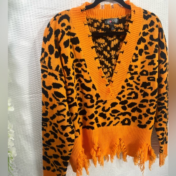 Cheetah Print Women's Fringe Drop Sleeve Crop Sweater Orange  Size L - Picture 4 of 13